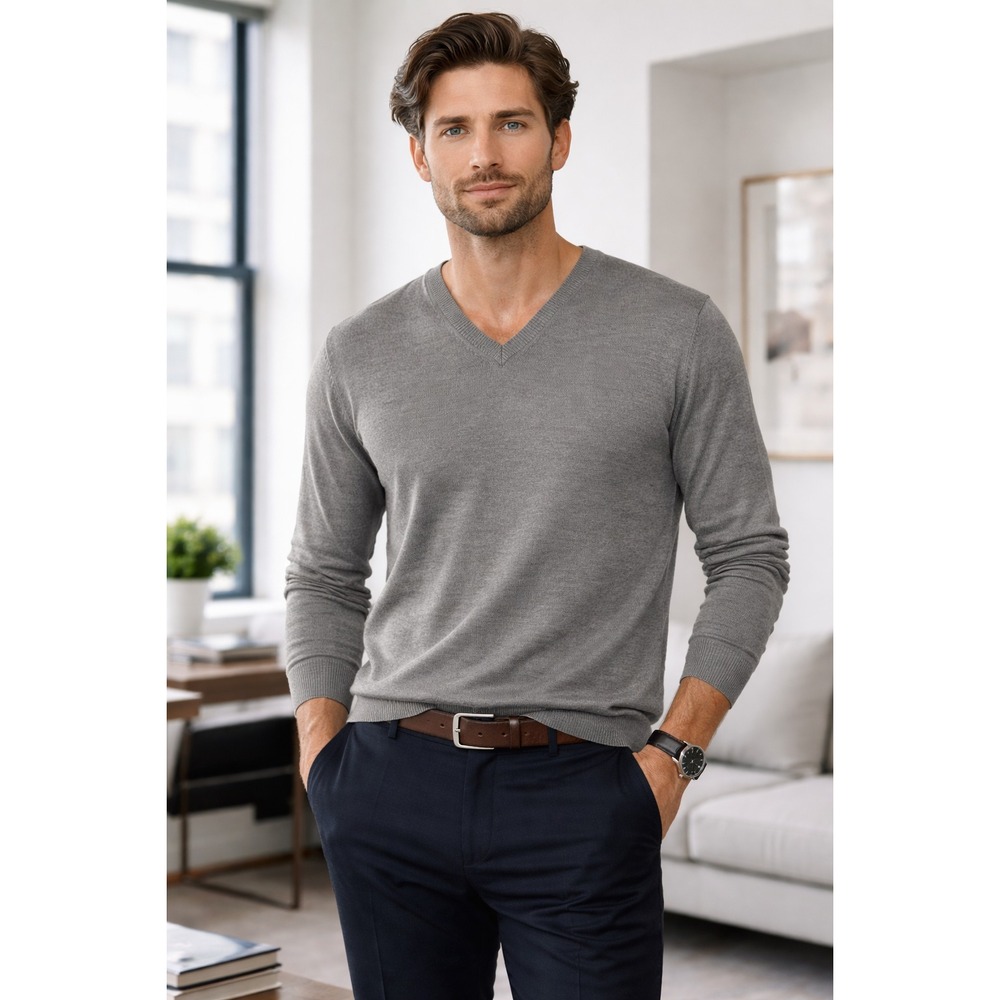 Silk V Neck Sweater‎ XL Gray Lightweight Soft Stretch Comfort Quiet Luxury